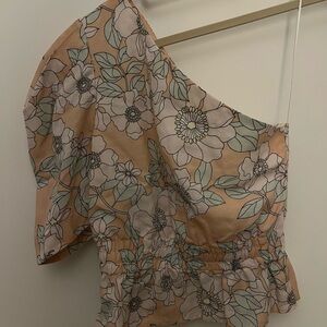 Floral One-Shoulder Linen Top